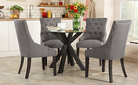 Hatton Round Dining Table & 4 Duke Chairs, Glass & Grey Solid Hardwood, Slate Grey Classic Linen-Weave Fabric, 100cm