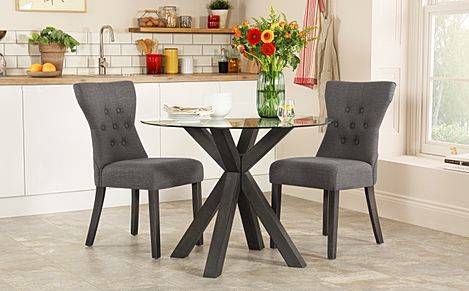 Hatton Round Grey Wood and Glass Dining Table with 2 Bewley Slate Fabric Chairs