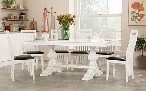 Cavendish Extending Dining Table & 8 Java Chairs, White Wood, Black Classic Faux Leather, 160-200cm