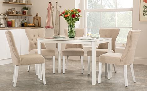 Milton White Dining Table with 6 Bewley Oatmeal Fabric Chairs