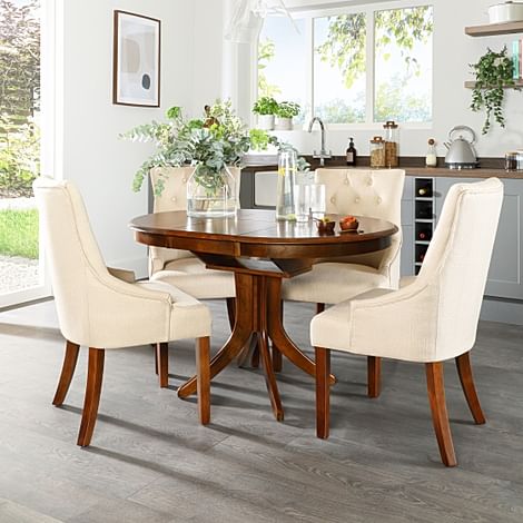 Hudson Round Dark Wood Extending Dining Table with 4 Duke Oatmeal Fabric Chairs