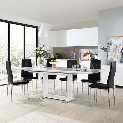 Tokyo Extending Dining Table & 4 Leon Chairs, White High Gloss, Black Classic Faux Leather & Chrome, 160-220cm