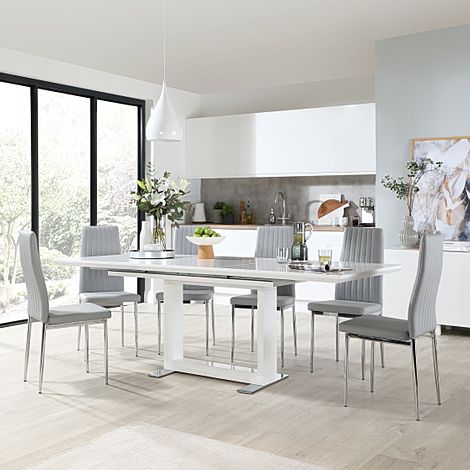Tokyo Extending Dining Table & 8 Leon Chairs, White High Gloss, Light Grey Classic Faux Leather & Chrome, 160-220cm