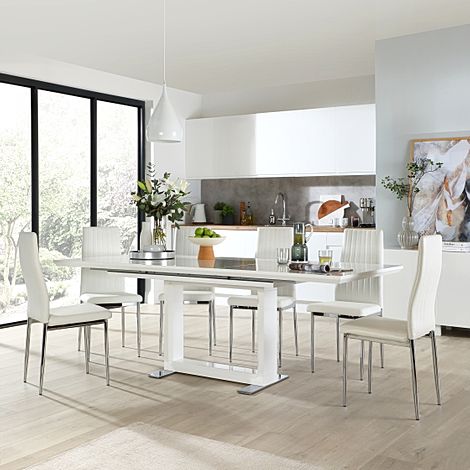 Tokyo Extending Dining Table & 4 Leon Chairs, White High Gloss, White Classic Faux Leather & Chrome, 160-220cm