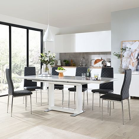 Tokyo White High Gloss Extending Dining Table with 4 Renzo Grey Leather Chairs