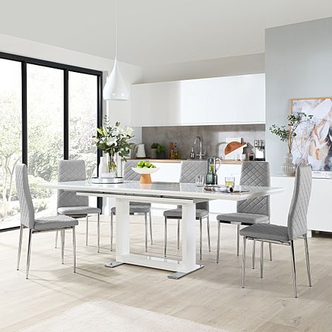 Tokyo Extending Dining Table & 6 Renzo Chairs, White High Gloss, Light Grey Classic Faux Leather & Chrome, 160-220cm