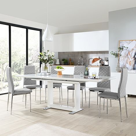 Tokyo Extending Dining Table & 8 Renzo Chairs, White High Gloss, Light Grey Classic Faux Leather & Chrome, 160-220cm