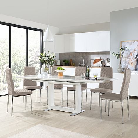 Tokyo Extending Dining Table & 4 Renzo Chairs, White High Gloss, Stone Grey Classic Faux Leather & Chrome, 160-220cm