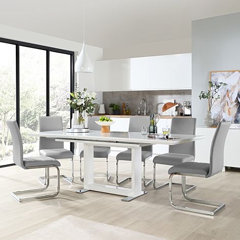 Tokyo Extending Dining Table & 6 Perth Chairs, White High Gloss, Light Grey Classic Faux Leather & Chrome, 160-220cm