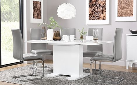 Osaka White High Gloss Extending Dining Table with 4 Perth Light Grey Leather Chairs