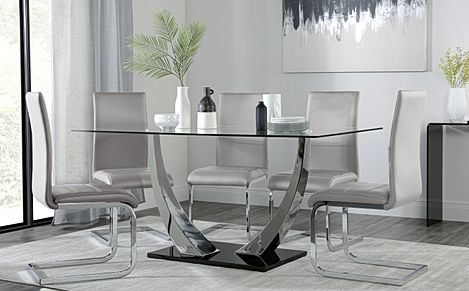 Peake Glass and Chrome Dining Table (Black Gloss Base) with 4 Perth Light Grey Leather Chairs