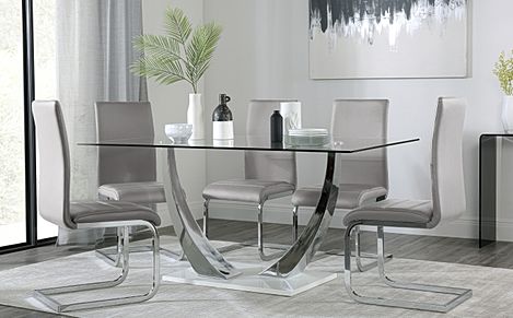 Peake Glass and Chrome Dining Table (White Gloss Base) with 4 Perth Light Grey Leather Chairs