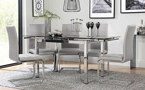 Space Chrome and Black Glass Extending Dining Table with 6 Perth Light Grey Leather Chairs