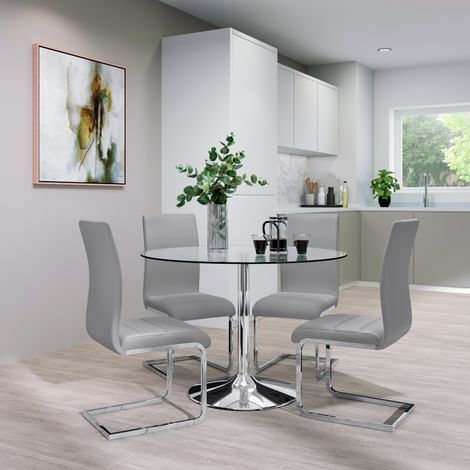 Orbit Round Chrome and Glass Dining Table with 4 Perth Light Grey Leather Chairs