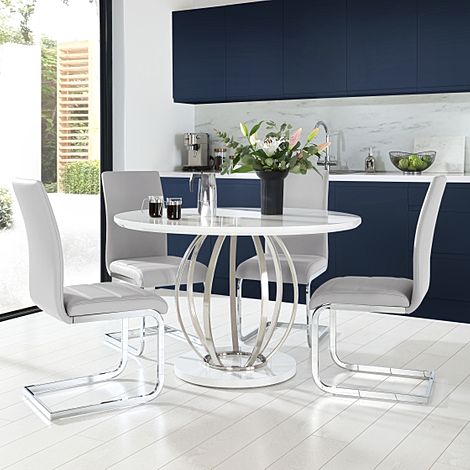 Savoy Round White High Gloss and Chrome Dining Table with 4 Perth Light Grey Leather Chairs