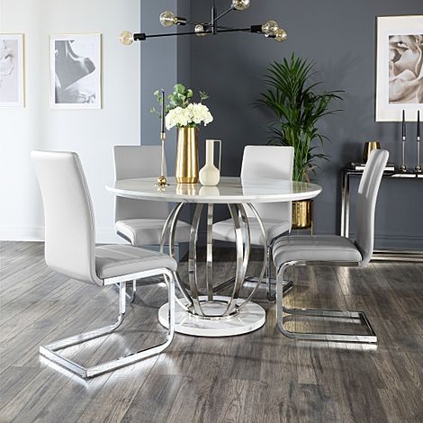 Savoy Round Dining Table & 4 Perth Chairs, White Marble Effect & Chrome, Light Grey Classic Faux Leather, 120cm