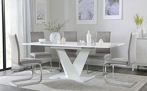 Turin White High Gloss Extending Dining Table with 4 Perth Light Grey Leather Chairs