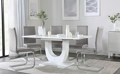 Oslo White High Gloss Extending Dining Table with 6 Perth Light Grey Leather Chairs