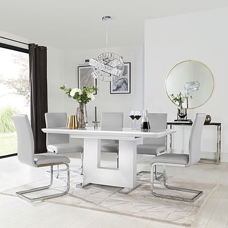 Florence Extending Dining Table & 6 Perth Chairs, White High Gloss, Light Grey Classic Faux Leather & Chrome, 120-160cm