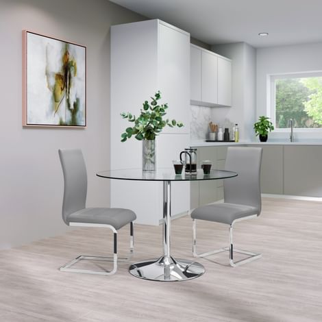 Orbit Round Dining Table & 2 Perth Chairs, Glass & Chrome, Light Grey Classic Faux Leather, 110cm