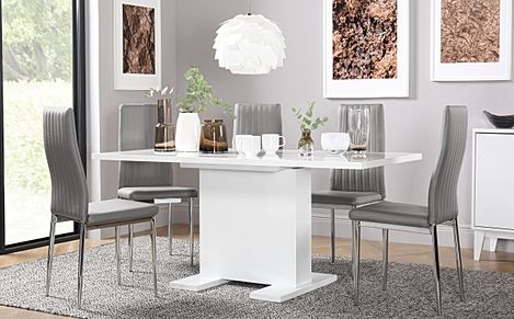 Osaka White High Gloss Extending Dining Table with 6 Leon Light Grey Chairs
