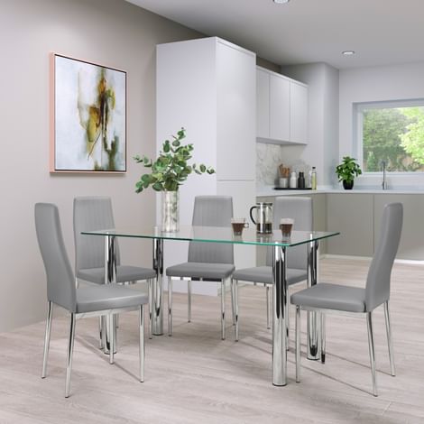 Lunar Chrome and Glass Dining Table with 6 Leon Light Grey Leather Chairs