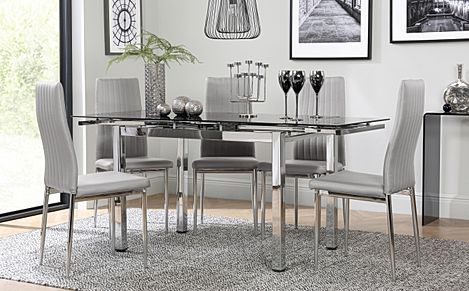 Space Chrome and Black Glass Extending Dining Table with 6 Leon Light Grey Leather Chairs