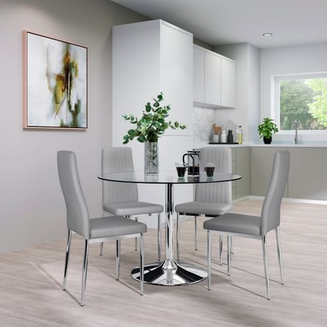 Orbit Round Chrome and Glass Dining Table with 4 Leon Light Grey Leather Chairs