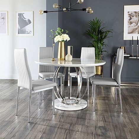 Savoy Round Dining Table & 4 Leon Chairs, White Marble Effect & Chrome, Light Grey Classic Faux Leather, 120cm