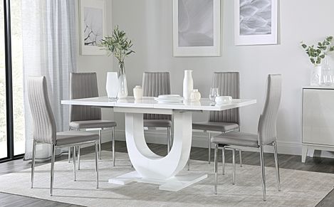 Oslo White High Gloss Extending Dining Table with 6 Leon Light Grey Leather Chairs