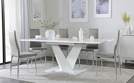 Turin White High Gloss Extending Dining Table with 8 Leon Light Grey Leather Chairs