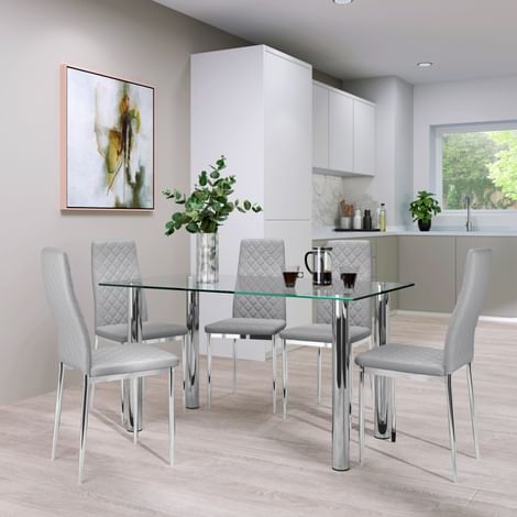Lunar Chrome and Glass Dining Table with 4 Renzo Light Grey Leather Chairs
