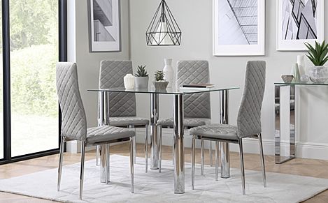 Nova Square Dining Table & 4 Renzo Chairs, Glass & Chrome, Light Grey Classic Faux Leather, 90cm