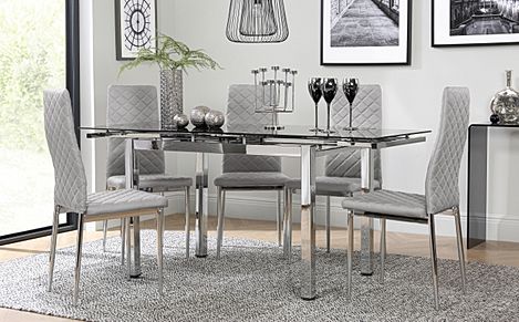 Space Chrome and Black Glass Extending Dining Table with 6 Renzo Light Grey Leather Chairs
