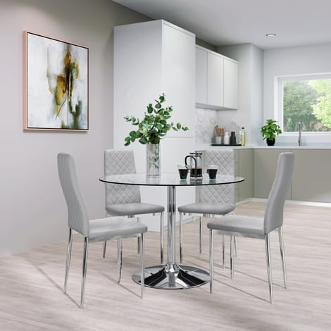Orbit Round Chrome and Glass Dining Table with 4 Renzo Light Grey Leather Chairs