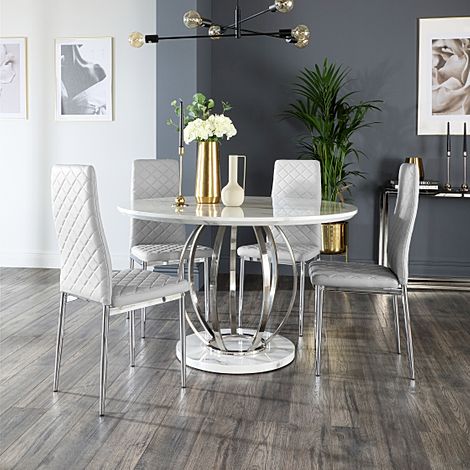 Savoy Round Dining Table & 4 Renzo Chairs, White Marble Effect & Chrome, Light Grey Classic Faux Leather, 120cm
