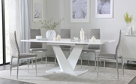 Turin White High Gloss Extending Dining Table with 4 Renzo Light Grey Leather Chairs