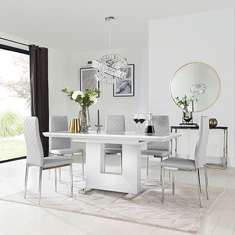 Florence White High Gloss Extending Dining Table with 6 Renzo Light Grey Leather Chairs