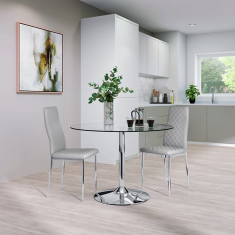 Orbit Round Chrome and Glass Dining Table with 2 Renzo Light Grey Leather Chairs