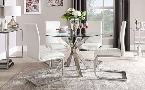 Plaza Round Dining Table & 4 Perth Chairs, Glass & Chrome, White Classic Faux Leather, 110cm