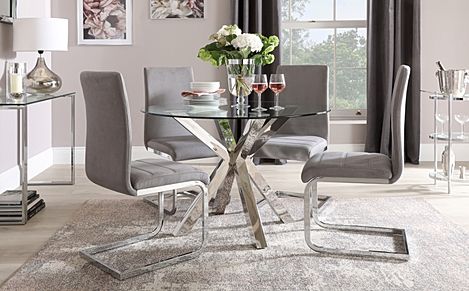 Plaza Round Dining Table & 4 Perth Chairs, Glass & Chrome, Grey Classic Velvet, 110cm