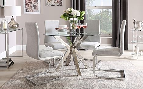 Plaza Round Chrome and Glass Dining Table with 4 Perth Dove Grey Fabric Chairs