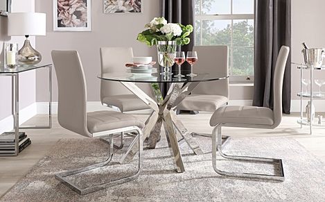 Plaza Round Dining Table & 4 Perth Chairs, Glass & Chrome, Stone Grey Classic Faux Leather, 110cm