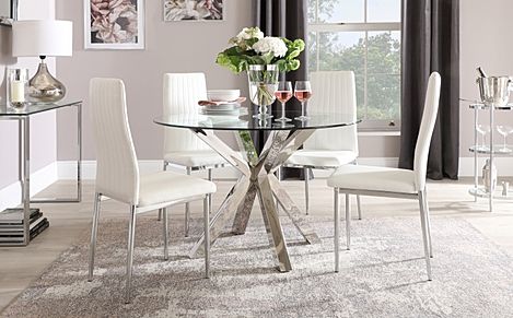 Plaza Round Dining Table & 4 Leon Chairs, Glass & Chrome, White Classic Faux Leather, 110cm