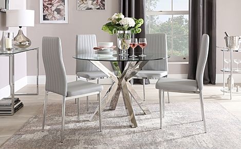 Plaza Round Dining Table & 4 Leon Chairs, Glass & Chrome, Light Grey Classic Faux Leather, 110cm