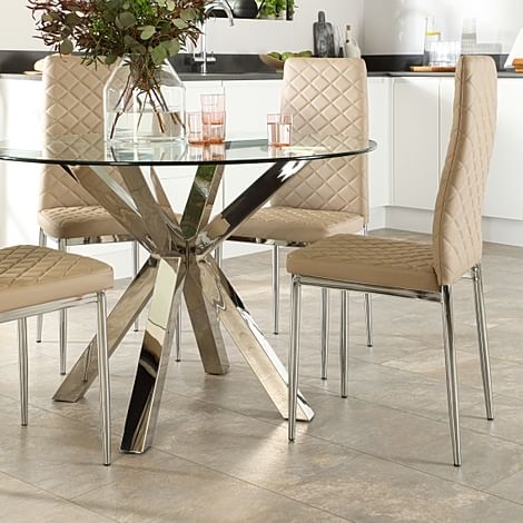 Plaza Round Dining Table & 4 Renzo Chairs, Glass & Chrome, Stone Grey Classic Faux Leather, 110cm