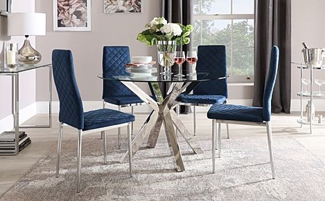 Plaza Round Dining Table & 4 Renzo Chairs, Glass & Chrome, Blue Classic Velvet, 110cm