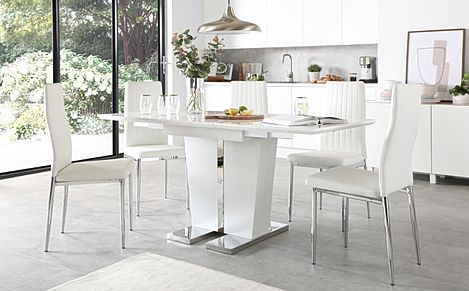 Vienna White High Gloss Extending Dining Table with 4 Leon White Leather Chairs