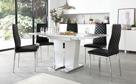 Vienna White High Gloss Extending Dining Table with 4 Renzo Black Leather Chairs