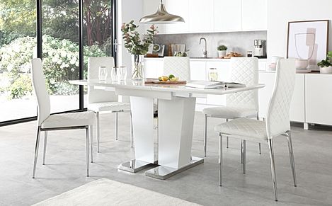 Vienna White High Gloss Extending Dining Table with 6 Renzo White Leather Chairs